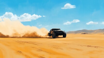 Drifting offroad car 4x4 in desert. Freeze motion of exploding sand powder into the air. Action and leasure activity.