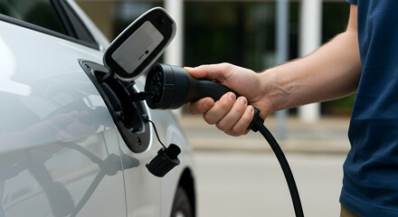 Electric Vehicle Charging with Hand Holding Connector in Daylight