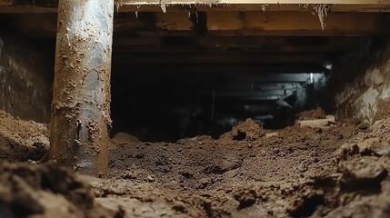 A muddy crawlspace with wooden beams and a dark interior.