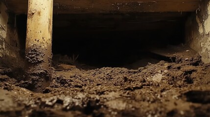 Fototapeta premium A muddy crawlspace with wooden beams and a dark interior.