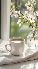Fototapeta premium A white mug on a cloth by a windowsill with a vase of white flowers in the background.