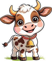 A cute, funny cow cartoon, a happy dairy animal vector illustration isolated on white