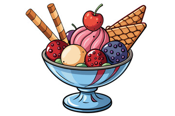 Decadent ice cream sundae in a glass bowl topped with strawberries, wafers, and colorful ice cream scoops for a delicious treat