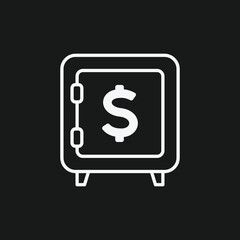  White Outline Icon of a Safe with Dollar Sign on Black Background Security, Finance, and Vault Symbol