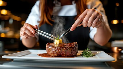 Ribeye presentation with chef hands using silver tongs to place butter on medium-rare steak served with reduction sauce and copper cup of microgreens