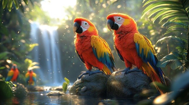 Tropical parrots by waterfall, vibrant jungle setting, nature scene, tranquility, photo use