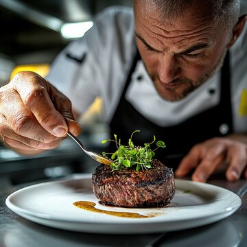 Filet mignon plate showcasing premium beef tenderloin with delicate sauce application and fresh microgreen garnish in upscale restaurant setting