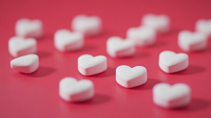 Scattered Heart-Shaped Candies on Pink Background