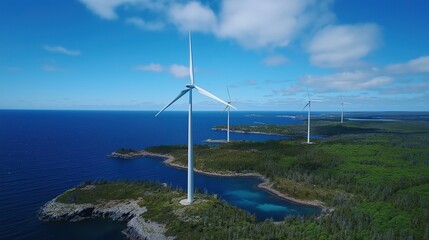 Impressive offshore wind farm with white turbines under blue skies and over blue waters, harnessing nature's power for a sustainable future