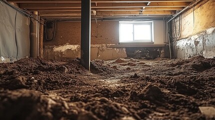 Obraz premium A crawlspace with wooden beams, muddy floor, and water-damaged columns.