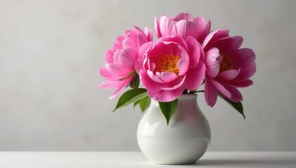 Fototapeta premium A cluster of vibrant pink peonies in a ceramic vase , pretty, pink peonies