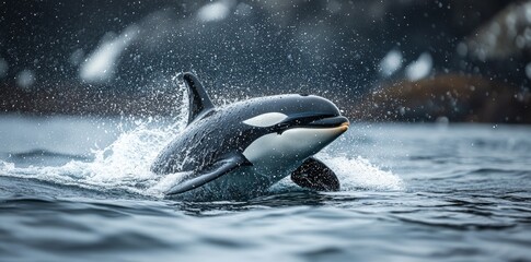 Obraz premium Orca Swimming in Ocean Waves Marine Wildlife Photography Natural Habitat Dynamic View Marine Life Conservation