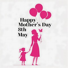 Gentle Mother's Day Scene: Pink Silhouette of a Mother and Child with a Butterfly and Balloons