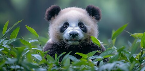 Naklejka premium Panda Encounter in Bamboo Forest Wildlife Photography Natural Habitat Close-Up View Environmental Awareness