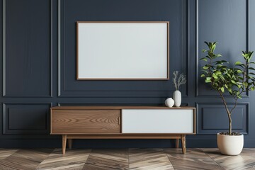 blank white frame on wooden tv stand in navy living room interior with sofa and night lighting, minimal poster design mockup