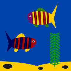 Fish swim in pond. Vector illustration.