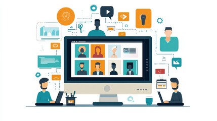Video conference. People group on computer screen taking with colleague. Video conferencing and online communication vector concept. Illustration of communication screen conference, videoconferencing