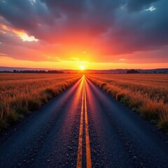 Naklejka premium Asphalt ribbon through harvested fields bathed in the warm hues of sunset , rays, road, golden