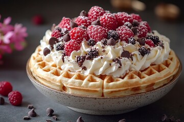 
Waffles with cream and chocolate hearts for Valentine's Day: waffles covered in cream with chocolate hearts and red berries for a romantic holiday mood.

