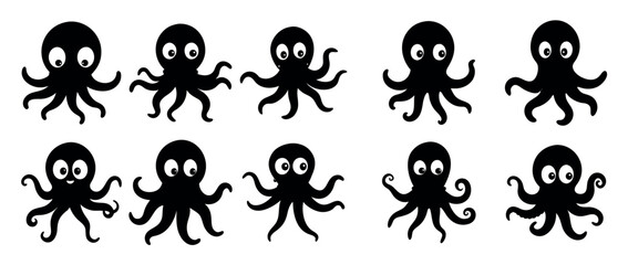 Black Silhouette Octopuses Pattern on White Background, illustration vector set of Cartoon Octopus Silhouettes,  octopus, cartoon, silhouette, line art design Octopus, animal, Black Silhouette Octopus © Desingner Kings GH