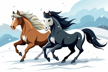 Powerful horses galloping across a snowy field, symbolizing grace and vitality with a strong dynamic movement in winter