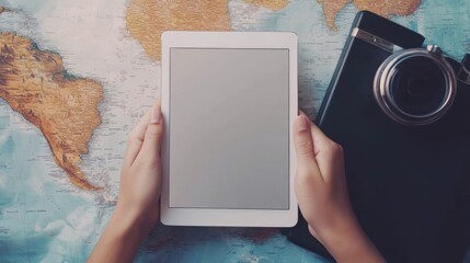 vacation, tourism, travel, technology and people concept - close up of traveler hands with blank tablet pc computer and map illustration