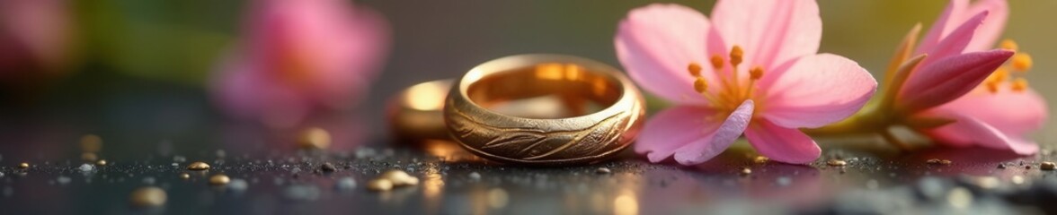 Obraz premium Close-up gold rings entwined with delicate blooms, bridal, anniversary