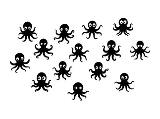Black Silhouette Octopuses Pattern on White Background, illustration vector set of Cartoon Octopus Silhouettes,  octopus, cartoon, silhouette, line art design Octopus, animal, Black Silhouette Octopus