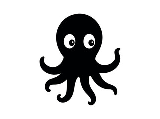 A simple, black silhouette of a cartoon octopus with large, expressive eyes. octopus, silhouette, cartoon, black and white, sea creature, ocean, kids, children, preschool, education, illustration, vec