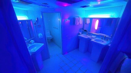 Modern bathroom with neon lighting double sinks and tiled floor