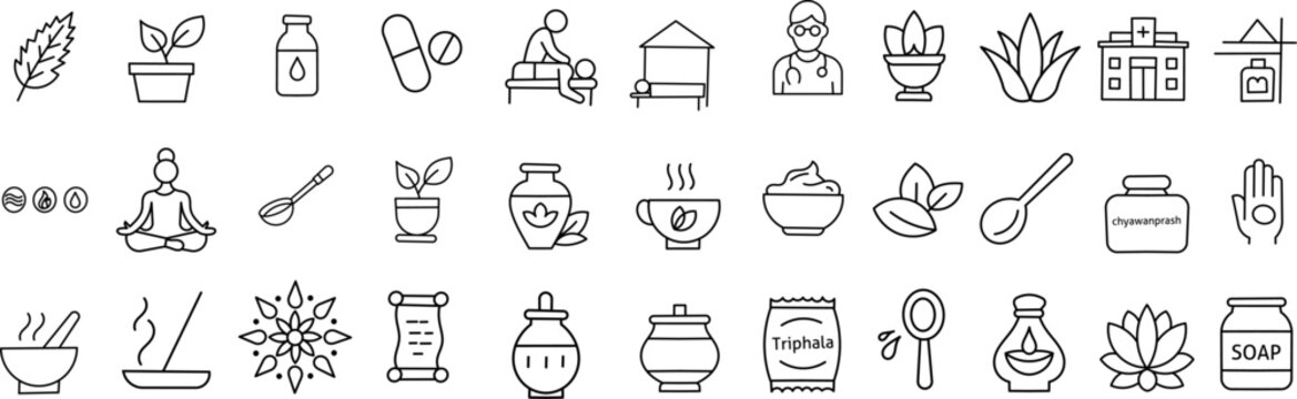 Ayurveda and Herbal Wellness Icons Set &ndash; 33 Line Art Vector Symbols