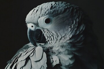 African Grey Parrot close up with textured feathers and smart gaze