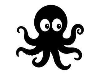 Black Silhouette Octopus with Wide Eyes, simple, black silhouette of a cartoon octopus with large, expressive eyes, education, illustration, vector, graphic, whimsical, octopus, silhouette, cartoon, b