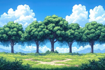 Fototapeta premium A serene daytime landscape featuring green trees and blue sky