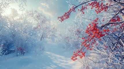 Winter wonderland path lined with frosted trees.