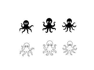 Black Silhouette Octopuses Pattern on White Background, illustration vector set of Cartoon Octopus Silhouettes,  octopus, cartoon, silhouette, line art design Octopus, animal, Black Silhouette Octopus