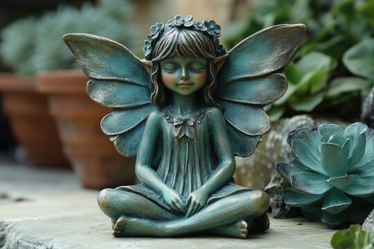 A serene green fairy statue peacefully meditating in a garden setting - Powered by Adobe
