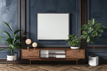 navy blue wall background with blank white poster frame mockup on wooden cabinet in dark cozy living room, elegant interior design with night mood lighting