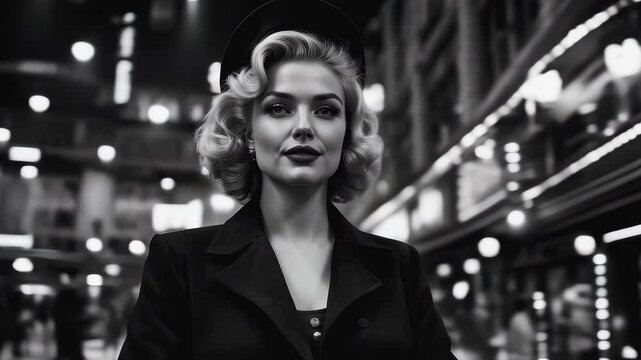 Black and white noir footage of a woman on the street of an old city, the camera rotates around a beautiful woman, a retro storytelling idea, nostalgic tones of the plot
