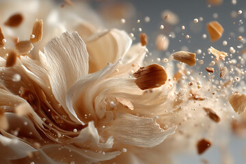 Wood shavings floating in air, white background, conceptual fragrance molecule