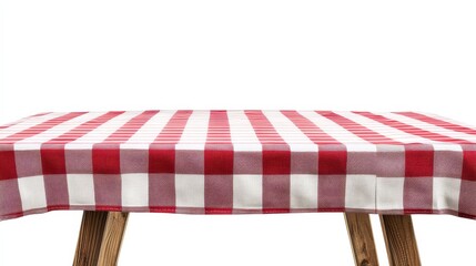 Obraz premium Red and white checkered tablecloth on wooden table isolated on white.