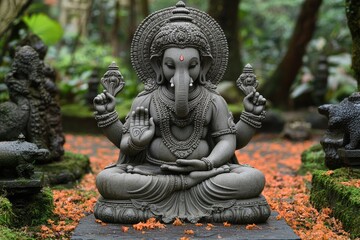 Obraz premium A serene statue of a deity is placed in the garden