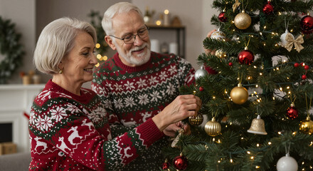Senior couple decorating Christmas tree with ornaments. Festive holiday celebration concept. Winter traditions, family time for advertising, card, poster, web banner with copy space