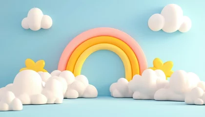 Cheerful scene with clouds, rainbow and flowers. Light, airy and soft look