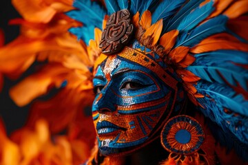 Person wearing a headdress with colorful feather and ornate facial designs portrait
