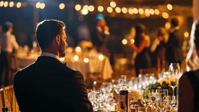 Elegant evening banquet with guests socializing amidst candlelit ambiance