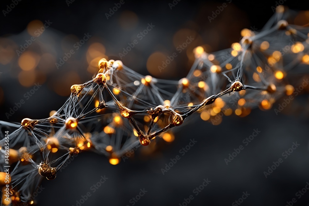 Poster abstract molecular structure visualization of interconnected golden nodes and mesh