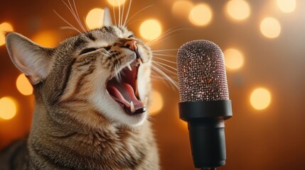 A delightful cat passionately sings into a glittery microphone, showcasing its vibrant personality and love for performance, evoking laughter and happiness in its audience.