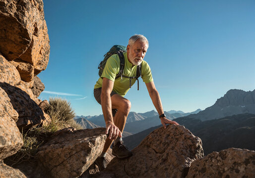 Senior man hiking in the mountains. Outdoor adventure. Healthy lifestyle and nature exploration. Concept for travel blog, advertising of active aging. Low angle view.
