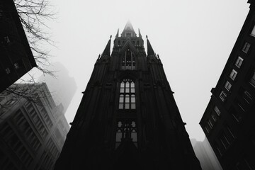 Obraz premium Gothic style spire reaching to sky with tall windows. Monochrome cityscape, moody atmosphere